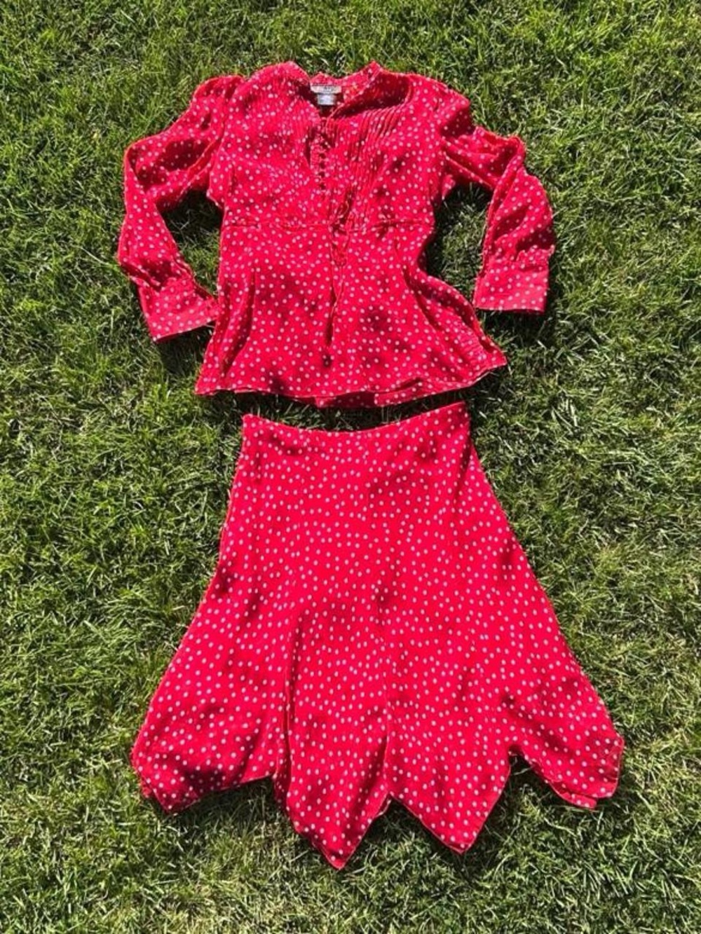 Red and white Polka Dot two piece long sleeve shirt and skirt set vintage